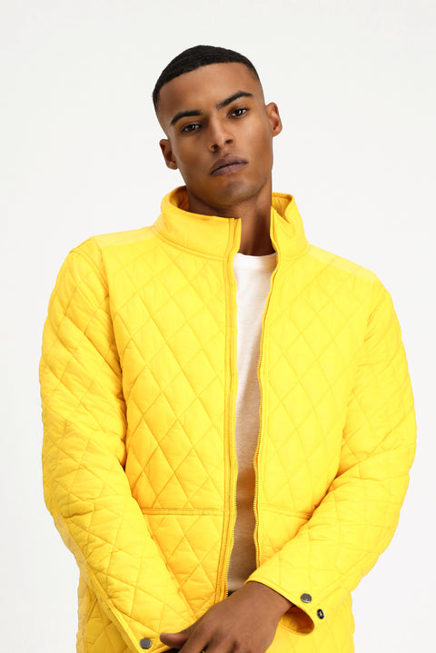 Yellow Stand-Up Collar Windproof Quilted Sport Jacket with Pockets and Zipper
