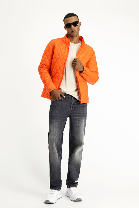 Orta Turuncu Dik Yaka Cepli Fermuarlı Rüzgar Geçirmez Kapitone Spor Mont