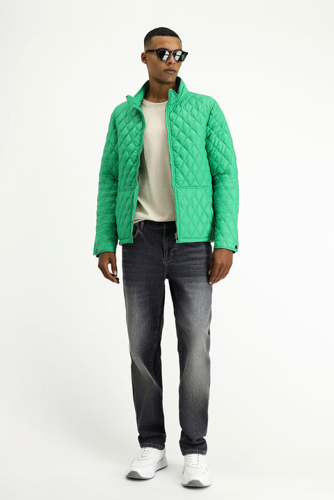 Koyu Yeşil Dik Yaka Cepli Fermuarlı Rüzgar Geçirmez Kapitone Spor Mont