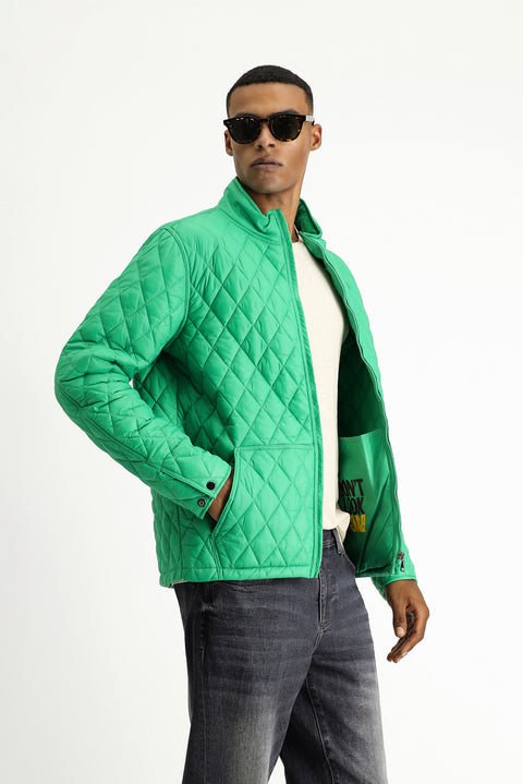 Koyu Yeşil Dik Yaka Cepli Fermuarlı Rüzgar Geçirmez Kapitone Spor Mont