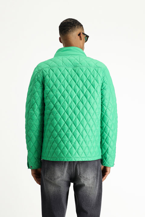 Koyu Yeşil Dik Yaka Cepli Fermuarlı Rüzgar Geçirmez Kapitone Spor Mont