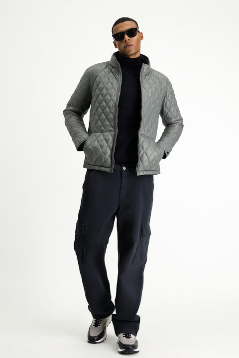 Koyu Antrasit Dik Yaka Cepli Fermuarlı Rüzgar Geçirmez Kapitone Spor Mont