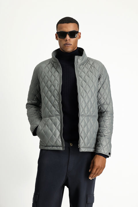 Koyu Antrasit Dik Yaka Cepli Fermuarlı Rüzgar Geçirmez Kapitone Spor Mont