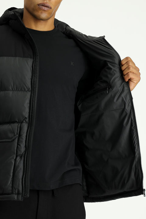 Black Slim Fit Narrow Cut Hooded Sport Puffer Jacket