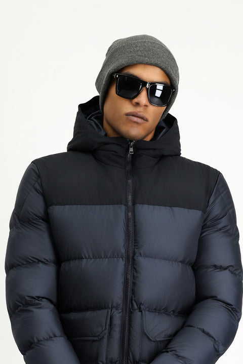 Koyu Lacivert Slim Fit Dar Kesim Kapüşonlu Spor Şişme Mont