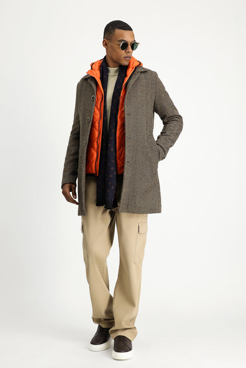 Orta Kahve Desenli Yünlü Kaban