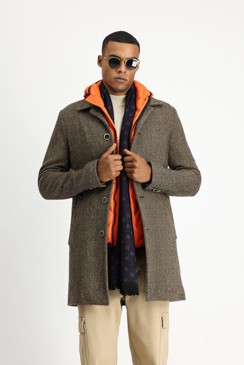 Orta Kahve Desenli Yünlü Kaban