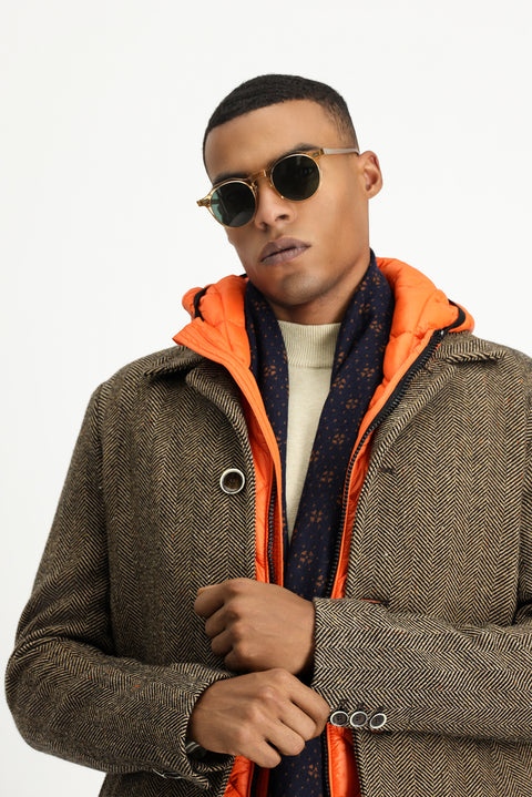 Orta Kahve Desenli Yünlü Kaban