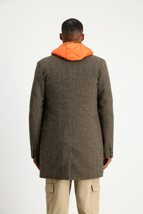 Orta Kahve Desenli Yünlü Kaban