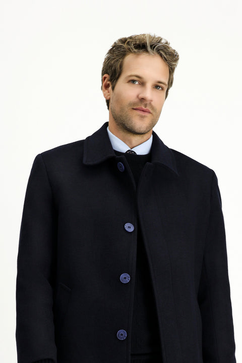 Koyu Lacivert Yünlü Klasik Kaban