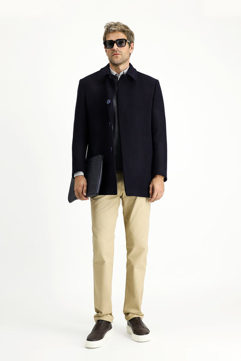 Koyu Lacivert Yünlü Klasik Kaban