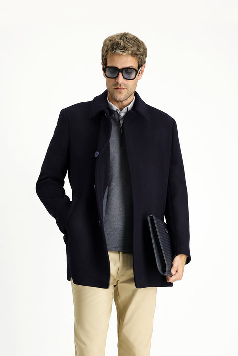 Koyu Lacivert Yünlü Klasik Kaban