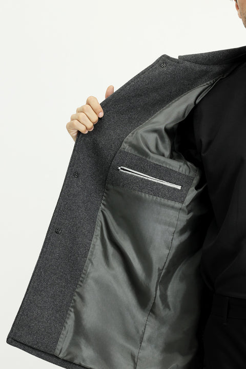 Koyu Antrasit Yünlü Klasik Kaban