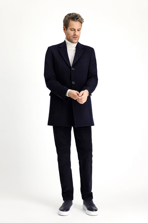 Koyu Lacivert Yünlü Klasik Kaban