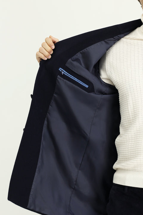 Koyu Lacivert Yünlü Klasik Kaban