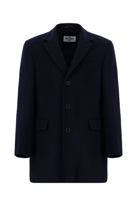 Koyu Lacivert Yünlü Klasik Kaban