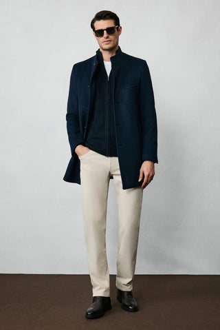  Koyu Lacivert Yünlü Klasik Kaban