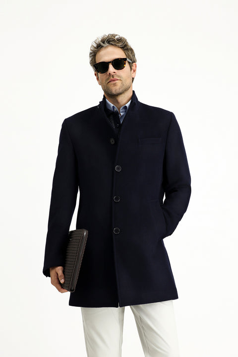 Koyu Lacivert Yünlü Klasik Kaban