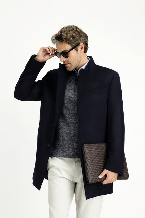 Koyu Lacivert Yünlü Klasik Kaban