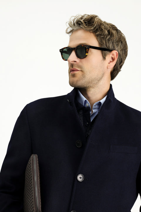 Koyu Lacivert Yünlü Klasik Kaban