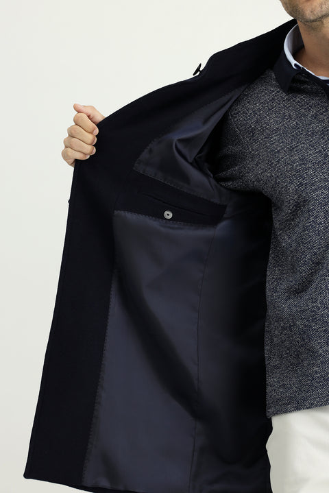 Koyu Lacivert Yünlü Klasik Kaban