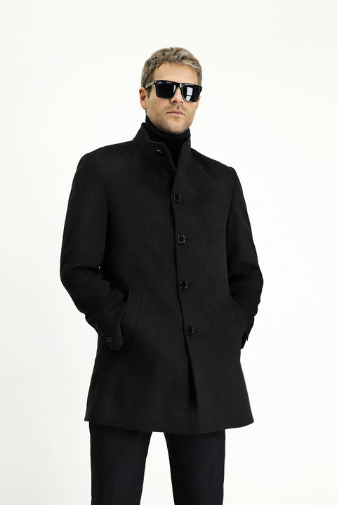 Koyu Antrasit Yünlü Klasik Kaban