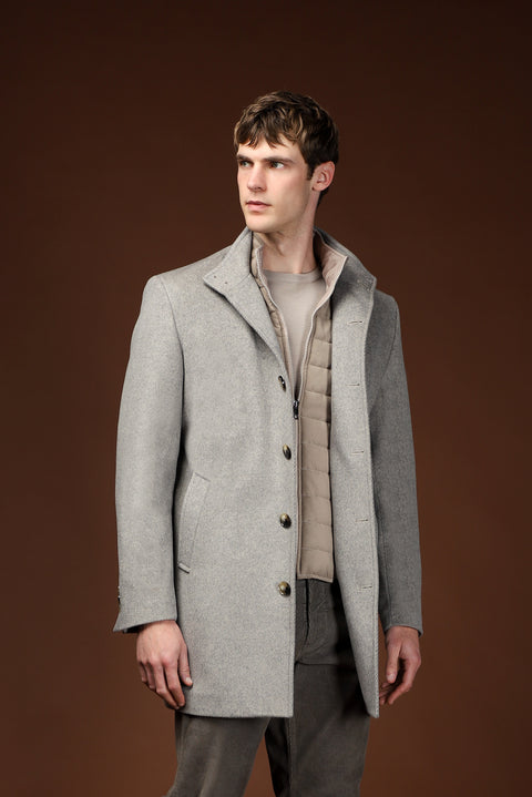 Orta Gri Dik Yaka Çıkma Mostra Cepli Yünlü Klasik Kaban