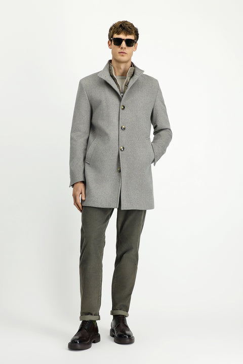 Orta Gri Dik Yaka Çıkma Mostra Cepli Yünlü Klasik Kaban