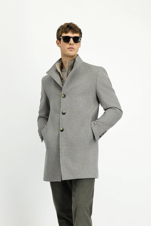 Orta Gri Dik Yaka Çıkma Mostra Cepli Yünlü Klasik Kaban