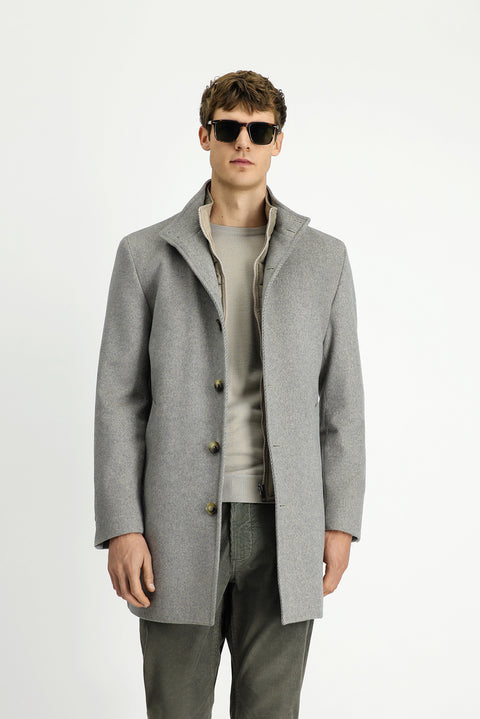 Orta Gri Dik Yaka Çıkma Mostra Cepli Yünlü Klasik Kaban