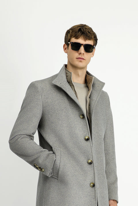 Orta Gri Dik Yaka Çıkma Mostra Cepli Yünlü Klasik Kaban