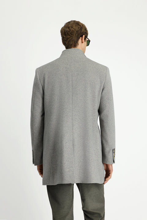 Orta Gri Dik Yaka Çıkma Mostra Cepli Yünlü Klasik Kaban