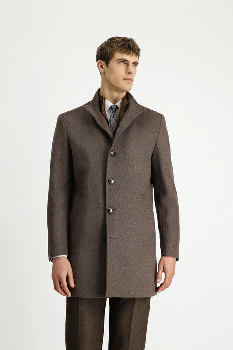 Açık Kahve  Dik Yaka Çıkma Mostra Cepli Yünlü Klasik Kaban