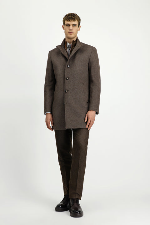 Açık Kahve  Dik Yaka Çıkma Mostra Cepli Yünlü Klasik Kaban