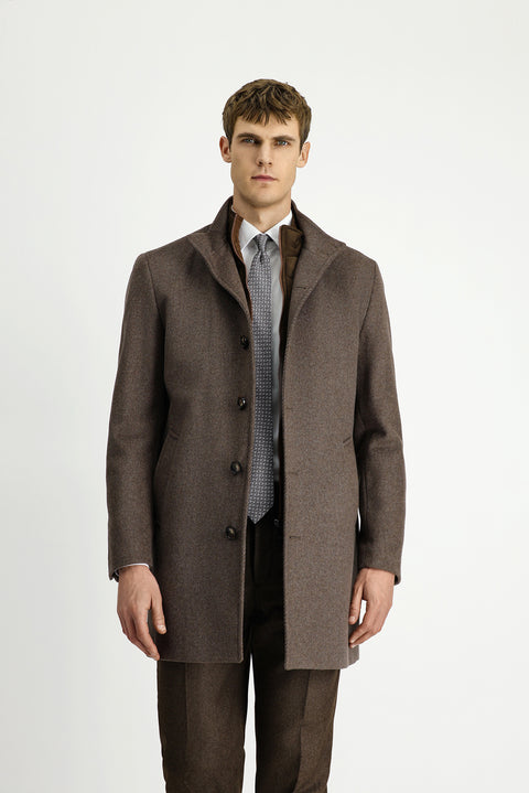 Açık Kahve  Dik Yaka Çıkma Mostra Cepli Yünlü Klasik Kaban