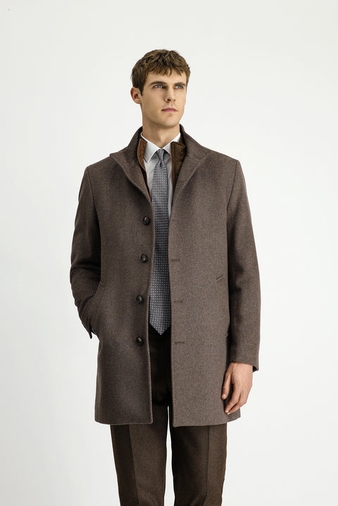 Açık Kahve  Dik Yaka Çıkma Mostra Cepli Yünlü Klasik Kaban