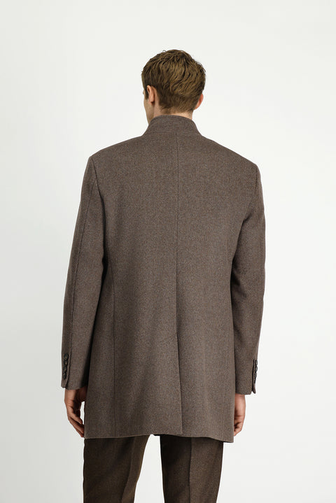 Açık Kahve  Dik Yaka Çıkma Mostra Cepli Yünlü Klasik Kaban