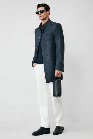  Koyu Antrasit Dik Yaka Çıkma Mostra Cepli Yünlü Klasik Kaban