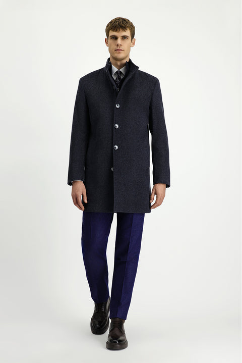 Koyu Antrasit Dik Yaka Çıkma Mostra Cepli Yünlü Klasik Kaban