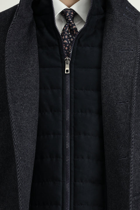 Koyu Antrasit Dik Yaka Çıkma Mostra Cepli Yünlü Klasik Kaban