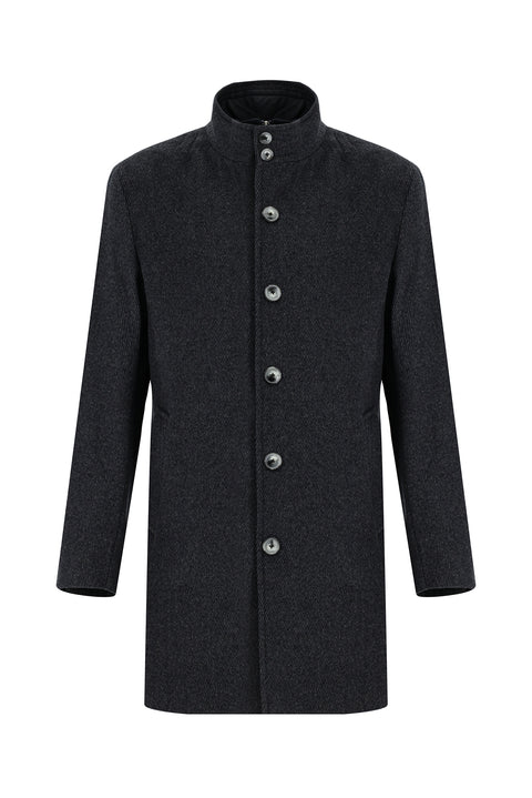 Koyu Antrasit Dik Yaka Çıkma Mostra Cepli Yünlü Klasik Kaban