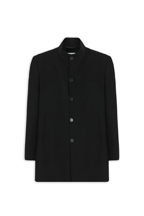 Siyah Slim Fit Dar Kesim Dik Yaka Cepli Yünlü Klasik Kaban