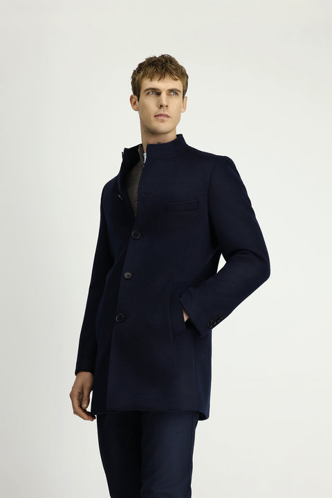 Koyu Lacivert Yünlü Klasik Kaban