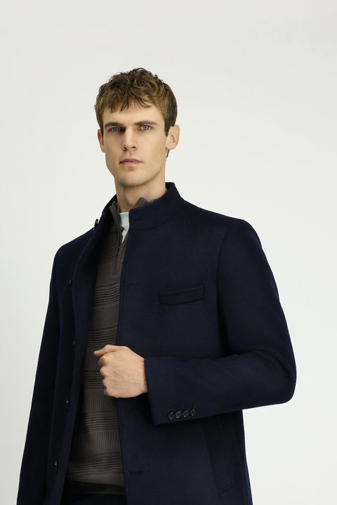 Koyu Lacivert Yünlü Klasik Kaban