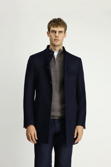  Koyu Lacivert Yünlü Klasik Kaban