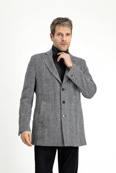 Black Wool Patterned Classic Coat