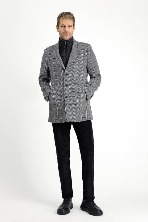 Black Wool Patterned Classic Coat