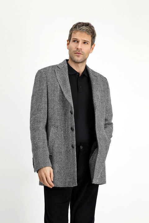 Black Wool Patterned Classic Coat