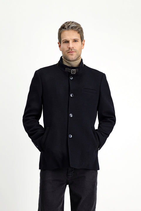 Siyah Lacivert Yünlü Klasik Kaban