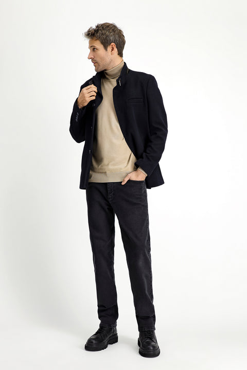 Siyah Lacivert Yünlü Klasik Kaban